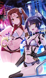 Rule 34 | 2girls, :d, absurdres, bare shoulders, black choker, black hair, blush, bracelet, breasts, brown eyes, brown hair, choker, craft essence (fate), cropped, doll joints, fate/grand order, fate (series), highres, jewelry, joints, katou danzou (fate), long hair, looking at viewer, medium breasts, midsummer memories, multiple girls, nezha (fate), non-web source, official art, open mouth, ponytail, pool ladder, saitou hiroki, scan, smile, v, wet, yellow eyes