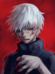 Rule 34 | 1boy, bite addict, black eyes, black nails, blood, blood from mouth, blood in hair, blood on face, blood on hands, heterochromia, kaneki ken, male focus, medium hair, nail polish, parted lips, red background, red eyes, sketch, solo, tokyo ghoul, upper body, white hair
