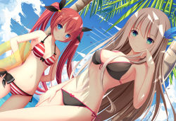 Rule 34 | 2girls, bikini, black bikini, blonde hair, blue eyes, blush, bow, breasts, cleavage, cloud, commentary request, contrail, day, dutch angle, feather hair ornament, feathers, green eyes, hair ornament, hair ribbon, innertube, lexington (warship girls r), long hair, looking at viewer, medium breasts, multiple girls, muq, navel, pink hair, revision, ribbon, shade, side-tie bikini bottom, small breasts, smile, standing, stomach, striped bikini, striped clothes, summer, swim ring, swimsuit, taihou (warship girls r), transparent, twintails, very long hair, warship girls r