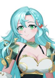 Rule 34 | 1girl, absurdres, aqua hair, armor, bare shoulders, blush, bow, braid, breastplate, breasts, chloe (fire emblem), cleavage, commentary, fire emblem, fire emblem engage, green eyes, hair between eyes, hair bow, highres, kallentsu, large breasts, long hair, looking at viewer, nintendo, red bow, shoulder armor, simple background, smile, solo, upper body, very long hair, white background
