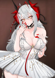 Rule 34 | 1girl, alternate costume, arknights, arm up, ballerina, ballet, ballet dress, bare shoulders, blush, breasts, cleavage, collarbone, dragon horns, dress, feet out of frame, highres, horns, large breasts, long hair, looking at viewer, open mouth, orange eyes, parted lips, red horns, simple background, solo, standing, twitter username, w (arknights), white dress, white hair, wuwuwu (kriswu555)