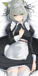 Rule 34 | 1girl, 3:, absurdres, animal ear fluff, animal ears, apron, arknights, bed sheet, black dress, blush, breasts, cat ears, closed mouth, dakimakura (medium), dress, female focus, frilled dress, frills, garter straps, green eyes, grey hair, hand on own chest, highres, juliet sleeves, kal&#039;tsit (arknights), long sleeves, lying, maid headdress, medium breasts, official alternate costume, on back, on bed, puffy sleeves, scowl, short hair, solo, thigh gap, thighhighs, underbust, white apron, white thighhighs, z.taiga