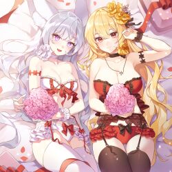 Rule 34 | 2girls, animal ear fluff, animal ears, arm up, armpits, bare shoulders, bed sheet, black choker, black thighhighs, blonde hair, bouquet, bra, breasts, choker, cleavage, closed mouth, collarbone, commission, cream (cream), crown hair ornament, didtldms0312, flower, fox ears, frilled bra, frilled panties, frills, garter belt, hair flower, hair ornament, hair spread out, highres, holding, holding bouquet, jewelry, lace, lace-trimmed bra, lace trim, large breasts, lingerie, long hair, looking at viewer, lying, medium breasts, multiple girls, necklace, on back, on bed, open mouth, original, panties, petals, pink flower, red bra, red panties, rose, scrunchie, second-party source, smile, thighhighs, underwear, underwear only, very long hair, wavy hair, white bra, white choker, white hair, white panties, white thighhighs, wrist scrunchie