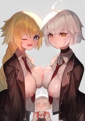 Rule 34 | 3girls, blonde hair, blue eyes, braid, braided ponytail, breasts, fate/grand order, fate (series), grey hair, highres, jacket, jeanne d&#039;arc (fate), jeanne d&#039;arc alter (avenger) (fate), jeanne d&#039;arc alter (fate), jeanne d&#039;arc alter santa lily (fate), large breasts, long hair, long sleeves, looking at viewer, m0 chi, multiple girls, nipples, one eye closed, open clothes, open jacket, open mouth, school uniform, short hair, small breasts, smile, yellow eyes