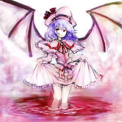 Rule 34 | 1girl, bad id, bad pixiv id, bat wings, blue hair, capelet, curiosities of lotus asia, curtsey, hat, pool of blood, red eyes, remilia scarlet, short hair, smile, so-ma, solo, touhou, vampire, wading, wings