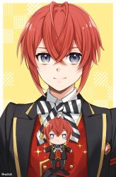 Rule 34 | 1boy, antenna hair, blue eyes, bow, bowtie, formal, grey eyes, heart antenna hair, highres, jacket, kwakah, lapels, male focus, peaked lapels, red hair, riddle rosehearts, shirt, short hair, smile, solo, striped bow, striped bowtie, striped clothes, suit, twisted wonderland