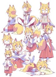 Rule 34 | 1girl, :&gt;, :d, :o, animal ear fluff, animal ears, apron, blonde hair, commentary, covering own mouth, fang, flower, fox ears, fox girl, fox tail, geta, hair between eyes, hair flower, hair ornament, highres, japanese clothes, looking at viewer, looking away, miko, multiple views, open mouth, ribbon-trimmed sleeves, ribbon trim, roku no hito, senko (sewayaki kitsune no senko-san), sewayaki kitsune no senko-san, short hair, simple background, sitting, smile, socks, standing, tail, white background, white legwear, wide-eyed, wide sleeves, yellow eyes, | |