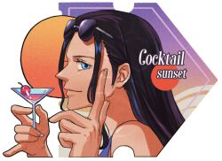 Rule 34 | 1girl, black hair, blue eyes, cocktail, cocktail glass, cup, drink, drinking glass, english text, eyewear on head, holding, holding drink, jennyandloiryan, light smile, long hair, looking at viewer, nico robin, one piece, profile, solo, ticket, upper body