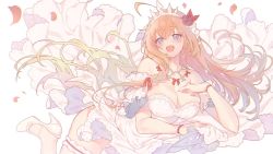 Rule 34 | :d, ahoge, bare shoulders, blue eyes, blush, bow, breasts, character name, cleavage, collarbone, diadem, dress, flower, frills, hair between eyes, hair flower, hair ornament, high heels, holding, long hair, looking at viewer, open mouth, orange hair, pecorine (princess connect!), petals, princess connect!, red bow, red flower, shoes, simple background, smile, thigh strap, torano, upper body, white background, white dress, white footwear, wind