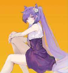 Rule 34 | 1girl, absurdres, bare legs, bare shoulders, blouse, eyebrows hidden by hair, flower, from side, genshin impact, hair flower, hair ornament, highres, keqing (genshin impact), looking at viewer, nail polish, orange background, purple eyes, purple hair, shirt, short hair, simple background, skirt, solo, twintails, zapik
