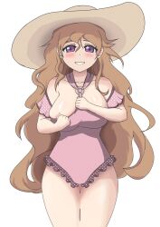 1girl areola_slip blush breasts brown_hair hat highres konoe_kanata large_breasts long_hair looking_at_viewer love_live! love_live!_nijigasaki_high_school_idol_club one-piece_swimsuit pink_one-piece_swimsuit pulling_own_clothes purple_eyes smile sun_hat swimsuit wada_something