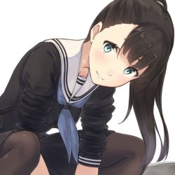 1girl asymmetrical_bangs bad_id bad_twitter_id black_hair black_pantyhose black_serafuku blue_eyes blue_neckerchief blush bucket close-up closed_mouth female_focus hiwatari_rin long_hair looking_at_viewer neckerchief original pantyhose ponytail school_uniform serafuku simple_background sleeves_rolled_up smile solo squatting white_background