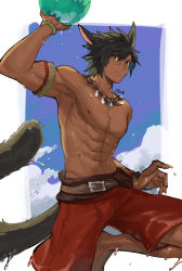 Rule 34 | 1boy, abs, animal ears, armlet, armpits, warrior of light (ff14), bad id, bad pixiv id, ball, barefoot, belt, black hair, black tail, blue background, blue sky, border, bracelet, brown belt, cat boy, cat ears, cat tail, closed mouth, cloud, commentary request, dark-skinned male, dark skin, day, facial scar, final fantasy, final fantasy xiv, green eyes, hair between eyes, holding, holding ball, jewelry, leather belt, male focus, miqo&#039;te, mn (zig r14), necklace, nipples, outdoors, outside border, red shorts, scar, scar on cheek, scar on face, short hair, shorts, sky, solo, tail, toned, toned male, v-shaped eyebrows, water drop, wet, white border