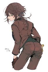 Rule 34 | 1boy, 2019, androgynous, ass, brown hair, dankira!!!, dated, formal, green eyes, long hair, long sleeves, looking back, male focus, pants, red pants, red suit, seductive smile, smile, sneezecoon, solo, suit, teeth, tight clothes, tight pants, tsubaki seito, white background