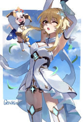 Rule 34 | 2girls, ;o, absurdres, armpits, arms up, blonde hair, blue sky, breasts, cleavage, cloud, cowboy shot, day, dress, closed eyes, feipin zhanshi, flower, frilled dress, frills, genshin impact, gloves, hair flower, hair ornament, halo, highres, looking at viewer, lumine (genshin impact), medium breasts, multiple girls, one eye closed, open mouth, paimon (genshin impact), scarf, sky, sleeveless, sleeveless dress, standing, stretching, thighhighs, vambraces, white dress, yawning