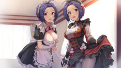 Rule 34 | 2girls, :d, absurdres, ahoge, alternate costume, apron, black gloves, black skirt, blue hair, breasts, cleavage, cleavage cutout, clothing cutout, commentary request, commission, dual persona, enmaided, frilled skirt, frills, gloves, highres, idolmaster, idolmaster (classic), indoors, large breasts, lifting own clothes, looking at viewer, maid, maid apron, maid headdress, miura azusa, multiple girls, open mouth, pantyhose, pixiv commission, puffy short sleeves, puffy sleeves, red eyes, short hair, short sleeves, shuucream (syuichi), skirt, smile, white apron, white gloves, white legwear, window