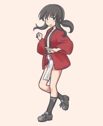 Rule 34 | 1girl, absurdres, black hair, black socks, blue eyes, breasts, from side, fubuki (kancolle), fundoshi, grey footwear, happi, highres, japanese clothes, kantai collection, looking at viewer, low ponytail, medium hair, open happi, open mouth, pelvic curtain, pink background, porusasu, red happi, shoes, sidelocks, simple background, small breasts, smile, socks, solo