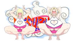 Rule 34 | 2girls, absurdres, areola slip, armpits, arms behind head, arms up, barefoot, blonde hair, blush, breasts, cheerleader, cleavage, cleavage cutout, clothing cutout, covered erect nipples, crop top, feet, female focus, gigantic breasts, heart cutout, highres, huge breasts, multiple girls, naruto (series), naruto shippuuden, no bra, panties, samui (naruto), sihkygmojsn, skirt, spread legs, squatting, sweat, thick thighs, thighs, tsunade (naruto), twintails, underboob, underwear, v, white panties