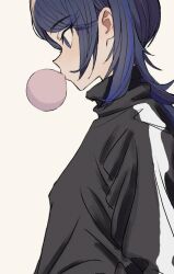 Rule 34 | 1girl, black shirt, blue eyes, blue hair, blowing bubbles, chewing gum, commentary, dark blue hair, from side, hoshino ichika (project sekai), long sleeves, looking away, looking down, mgc52003625, profile, project sekai, shirt, simple background, solo, turtleneck, upper body
