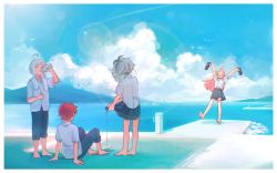 Rule 34 | 2boys, 2girls, ahoge, arm support, arms up, barefoot, black skirt, blue pants, bollard, bottle, closed eyes, cloud, commentary, day, drinking, flower (vocaloid), flower (vocaloid3), flower (vocaloid4), from behind, fukase, highres, holding, holding bottle, holding shoes, knees up, lens flare, long hair, looking at another, mi no take, miniskirt, mountainous horizon, multicolored hair, multiple boys, multiple girls, ocean, open mouth, outdoors, pants, pier, pink hair, pleated skirt, red hair, scenery, school uniform, sf-a2 miki, shoes, sitting, skirt, smile, standing, streaked hair, symbol-only commentary, towel, towel around neck, utatane piko, very long hair, vocaloid, white hair, wide shot, wringing clothes, wringing skirt