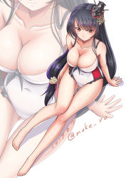 Rule 34 | 1girl, alternate costume, alternate hairstyle, arm support, black hair, breasts, casual one-piece swimsuit, collarbone, covered navel, flower, frilled swimsuit, frills, full body, fusou (kancolle), hair flower, hair ornament, kantai collection, large breasts, long hair, low-tied long hair, moke ro, multicolored clothes, multicolored swimsuit, one-piece swimsuit, red eyes, red one-piece swimsuit, sitting, solo, swimsuit, white one-piece swimsuit