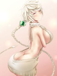 Rule 34 | 10s, 1girl, alternate costume, ass, asymmetrical hair, backless outfit, bad id, bad pixiv id, bare arms, bare back, bare shoulders, blush, braid, breast hold, breasts, butt crack, cowboy shot, dress, from side, grey sweater, hair ornament, halterneck, highres, huge breasts, kantai collection, long hair, looking at viewer, looking back, meme attire, naked sweater, parted lips, ribbed sweater, shiroshimu, sideboob, silver hair, single braid, solo, sweater, sweater dress, thighs, turtleneck, turtleneck sweater, unryuu (kancolle), very long hair, virgin killer sweater, yellow eyes
