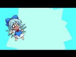 Rule 34 | 1girl, bad id, bad pixiv id, blue hair, bow, chibi, cirno, embodiment of scarlet devil, eromame, female focus, full body, hair bow, letterboxed, o o, short hair, solo, surprised, touhou, wings