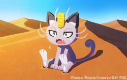 Rule 34 | alolan form, alolan meowth, cat, commentary request, copyright name, creatures (company), dated, day, desert, fangs, game freak, gen 7 pokemon, hot, hyogonosuke, nintendo, no humans, official art, open mouth, outdoors, pokemon, pokemon (creature), pokemon tcg, sand, sitting, sky, solo, sweat, tongue, watermark