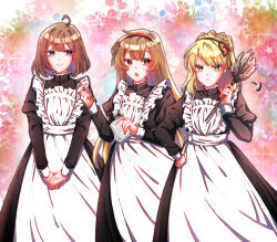 Rule 34 | 3girls, ahoge, apron, backsusang, black dress, blonde hair, blue background, blue eyes, bow, braid, brown bow, brown hairband, collared dress, commentary, crown braid, dress, duster, english commentary, feet out of frame, frilled apron, frills, green eyes, hair bow, hair ornament, hairband, hairclip, highres, hod (project moon), holding, holding duster, holding notepad, holding pen, juliet sleeves, library of ruina, long hair, long sleeves, looking at viewer, maid, malkuth (project moon), medium hair, multicolored background, multiple girls, notepad, open mouth, orange background, own hands together, pen, pink background, project moon, puffy sleeves, red hairband, sidelocks, sleeve cuffs, sparkle background, star (symbol), sweat, tiphereth a (project moon), very long hair, white apron, white background
