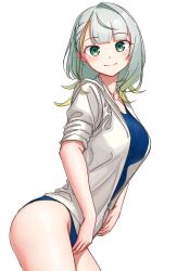 Rule 34 | 1girl, asumi ririse, blue one-piece swimsuit, braid, braided bangs, collared shirt, commentary request, competition swimsuit, cowboy shot, dress shirt, gradient hair, green eyes, grey hair, highres, looking at viewer, medium hair, multicolored hair, one-piece swimsuit, open clothes, open shirt, shirt, simple background, solo, sparkling yudofu, swimsuit, voicepeak, white background, white shirt