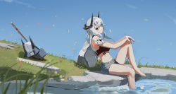 Rule 34 | 1girl, absurdres, albino, arknights, bandaged arm, bandages, bare legs, bare shoulders, barefoot, blue sky, bohe midiexiang, chinese commentary, closed mouth, commentary request, day, earrings, from side, grass, grey shorts, hammer, hands on own knee, helmet, highres, horns, jewelry, knee up, long hair, looking at viewer, looking to the side, material growth, mudrock (arknights), navel, oripathy lesion (arknights), outdoors, own hands together, pointy ears, red eyes, short shorts, shorts, sitting, sky, soaking feet, solo, unworn headwear, unworn helmet, water, white hair, wind