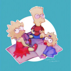 Rule 34 | aqua background, baby, bare arms, bare shoulders, barnacle, bart simpson, blonde hair, blue bow, blue footwear, blue shorts, bow, brother and sister, child, colored skin, dress, eyelashes, hair bow, highres, holding, holding screwdriver, holding shell, jewelry, kurwa perkele, lisa simpson, looking at viewer, looking back, looking up, maggie simpson, necklace, off-shoulder dress, off shoulder, onesie, pacifier, pearl necklace, red dress, red footwear, red shirt, sandals, screwdriver, shell, shirt, shoes, short sleeves, shorts, siblings, signature, sisters, sitting, sneakers, spiked hair, strapless, strapless dress, t-shirt, the simpsons, tube dress, yellow skin