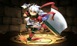Rule 34 | 1boy, armor, axe, black gloves, black pants, chain, closed mouth, commentary request, elbow gloves, full body, gloves, grey jumpsuit, holding, holding axe, huge weapon, jumpsuit, jumpsuit around waist, kiri nada, looking at viewer, male focus, mechanic (ragnarok online), orange eyes, pants, ragnarok online, red armor, short hair, shrug (clothing), smile, solo, spiked hair, vambraces, weapon, white hair