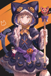 Rule 34 | &gt;:(, 1girl, animal ears, animal hood, bad id, bad pixiv id, bell, black background, black capelet, black jacket, black skirt, blonde hair, blush, bow, brown eyes, capelet, cat ears, cat girl, cat hood, cat tail, closed mouth, cosplay, djeeta (granblue fantasy), fake animal ears, fur-trimmed hood, fur-trimmed skirt, fur-trimmed sleeves, fur trim, granblue fantasy, highres, hikawa kyouka (cosplay), holding, hood, hood up, hooded capelet, jack-o&#039;-lantern, jacket, jingle bell, kyouka (halloween) (princess connect!), kyouka (princess connect!), long sleeves, looking at viewer, milli little, orange bow, princess connect!, purple bow, skirt, sleeves past wrists, solo, tail, tail bow, tail ornament, tail raised, twitter username, two-tone background, v-shaped eyebrows, vyrn (granblue fantasy), wide sleeves, yellow bow