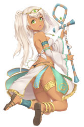 Rule 34 | 1girl, :o, ankh, anklet, ass, bare back, black panties, blush, bracelet, breasts, circlet, dark-skinned female, dark skin, detached sleeves, frilled sleeves, frills, full body, gem, green eyes, hair ornament, halterneck, holding, holding staff, jewelry, legs up, long hair, looking at viewer, looking back, medium breasts, necklace, open mouth, original, panties, sandals, sasaame, short hair with long locks, side ponytail, simple background, skirt, solo, staff, strapless, thigh strap, tube top, underwear, white background, white hair