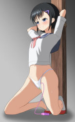 Rule 34 | 1girl, angry, arms behind head, arms up, bdsm, black hair, blue sailor collar, blush, bondage, bound, bound wrists, bow, bowtie, cameltoe, clenched teeth, controller, embarrassed, female focus, flat chest, full body, gradient background, grey background, hair ornament, hairclip, have to pee, highleg, highleg panties, highres, kneeling, natsuki-s, navel, panties, pee stain, pole, red bow, red bowtie, red footwear, remote control, remote control vibrator, rope, sailor collar, school uniform, serafuku, sex toy, sg550 (upotte!!), shirt, shoes, short hair, short sleeves, simple background, solo, stomach, sweat, tears, teeth, underwear, upotte!!, vibrator, vibrator cord, vibrator under clothes, wet, wet clothes, wet panties, white panties, white shirt