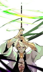 Rule 34 | 1boy, a-krt02xx, abs, arms up, blurry, demon slayer uniform, depth of field, expressionless, facial mark, facial scar, highres, holding, holding sword, holding weapon, jacket, katana, kimetsu no yaiba, long sleeves, male focus, open clothes, pectoral cleavage, pectorals, purple eyes, scar, scar on arm, scar on cheek, scar on chest, scar on face, scar on forehead, scar on hand, scar on nose, shinazugawa sanemi, short hair, solo, sword, two-handed, unsheathed, upper body, veins, weapon, white background, white hair, white jacket, wide-eyed, wind