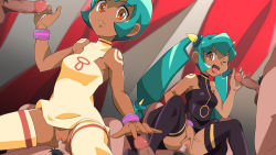 Rule 34 | 2girls, 5boys, aqua hair, bare shoulders, black thighhighs, bracelet, breasts, censored, closed mouth, cowgirl position, cum, cum in pussy, dark-skinned female, dark skin, dress, gluteal fold, group sex, handjob, highres, hiropon (hjxp2347), jewelry, long hair, male pubic hair, mega man (series), mega man legends (series), mosaic censoring, multiple boys, multiple girls, no panties, one eye closed, open mouth, pubic hair, pussy, red eyes, sera (mega man), short dress, short hair, siblings, sidelocks, sisters, sitting, small breasts, straddling, tattoo, testicles, thighhighs, thighs, tongue, tongue out, twins, twintails, vaginal, very long hair, white thighhighs, yuna (mega man)