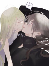 Rule 34 | !?, 1boy, 1girl, absurdres, age difference, ahoge, barbell piercing, bishounen, black shirt, blonde hair, closed eyes, couple, dress, ear piercing, grey dress, grey hair, hetero, highres, industrial piercing, licking, licking another&#039;s face, licking another&#039;s lips, long hair, looking at another, msa (fary white), original, piercing, red pupils, shirt, simple background, sleeveless, sleeveless dress, tongue, tongue out, turtleneck, white background, white eyes