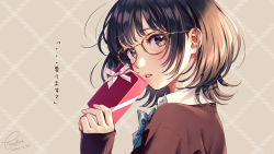 Rule 34 | 1girl, black hair, blue bow, blush, bow, box, brown-framed eyewear, brown background, brown eyes, brown sweater, collared shirt, dated, diagonal-striped bow, from side, gift, gift box, glasses, hand up, highres, holding, holding gift, long sleeves, looking at viewer, looking to the side, morikura en, original, parted lips, school uniform, shirt, signature, sleeves past wrists, solo, sweater, translation request, valentine, white shirt