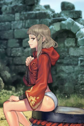 Rule 34 | 1girl, bad id, bad pixiv id, bandaged arm, bandages, blunt bangs, blurry, blurry background, brick wall, brown eyes, brown hair, day, depth of field, feet out of frame, from side, grey panties, hand on own chest, highres, hood, hooded jacket, jacket, lips, long sleeves, looking at viewer, open clothes, open jacket, original, outdoors, panties, pointy ears, profile, red jacket, romana, shiny skin, sidelocks, sitting, smile, solo, thighs, underwear