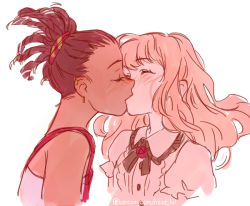 Rule 34 | 2girls, blonde hair, brown hair, carole &amp; tuesday, carole stanley, commentary, dark-skinned female, dark skin, earrings, english commentary, closed eyes, interracial, jewelry, kiss, long hair, multiple girls, seguchi-sama, simple background, tuesday simmons, white background, yuri