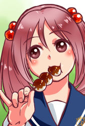 Rule 34 | 1girl, buntaichou, dango, dated, eating, food, green background, hair bobbles, hair ornament, kantai collection, pinky out, red eyes, red hair, sazanami (kancolle), school uniform, serafuku, solo, twintails, wagashi