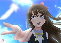 Rule 34 | 1girl, aqua eyes, aqua shirt, artist name, artist request, black vest, blue eyes, blue sky, blush, bow, breasts, brown hair, buttons, cloud, collared shirt, feathers, female focus, hair between eyes, hair bow, highres, long hair, looking at viewer, love live!, love live! nijigasaki high school idol club, nail, nail polish, nijigasaki academy school uniform, osaka shizuku, outdoors, parted lips, pink nails, ponytail, reaching, reaching towards viewer, red bow, ribbon, school uniform, shirt, short sleeves, sky, small breasts, smile, solo, sun, sunlight, sweater vest, upper body, vest, white feathers, white shirt, yellow buttons, yellow neckwear, yellow ribbon