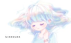 Rule 34 | 1girl, blush, closed eyes, copyright name, floating hair, hand up, lia kulea, original, portrait, simple background, smile, solo, ushihito, watch, white background, white hair, wristwatch