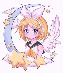 Rule 34 | 1girl, :3, angel wings, blonde hair, blue eyes, blush, bow, chellyko, cloud, commentary, crescent moon, feathered wings, hair bow, hair ornament, hairclip, headphones, headset, highres, kagamine rin, looking at viewer, moon, neckerchief, sailor collar, shirt, short hair, sleeveless, sleeveless shirt, smile, solo, star (symbol), upper body, vocaloid, white background, wings