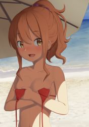 Rule 34 | 10s, 1girl, beach, bikini, bikini top only, breasts, brown hair, covering privates, covering breasts, day, eromanga sensei, jinno megumi, looking to the side, navel, nude, open mouth, outdoors, parasol, ponytail, putcher, red bikini, sand, short hair, small breasts, smile, solo, swimsuit, umbrella, upper body, yellow eyes