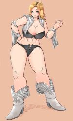 Rule 34 | 1girl, bamman, black bra, black panties, blonde hair, blue eyes, blush, boots, bra, breasts, cowboy boots, cropped jacket, dead or alive, highres, large breasts, legs, navel, panties, simple background, solo, strapless, strapless bra, tecmo, thighs, tina armstrong, tongue, tongue out, underwear