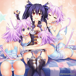 Rule 34 | 5girls, absurdres, animal ears, areola slip, armpits, ass, back, bare shoulders, bed, blush, breasts, butt crack, cameltoe, camisole, cat ears, cat girl, cat tail, choker, choujigen game neptune, cleavage, cleft of venus, fang, finger sucking, garter straps, girl sandwich, hair ornament, hair ribbon, highres, hood, hood down, kemonomimi mode, long hair, medium breasts, multiple girls, neptune (neptunia), neptune (series), nipple slip, nipples, noire (neptunia), on bed, panties, pantyshot, pleated skirt, purple eyes, purple hair, red eyes, ribbon, sandwiched, sereneandsilent, short hair, sitting, skindentation, skirt, slit pupils, small breasts, striped clothes, striped legwear, striped panties, tail, thighhighs, tin can, twintails, twitter username, underwear, white panties, yuri