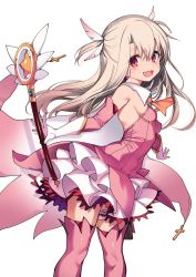 Rule 34 | 1girl, 1other, bare shoulders, boots, breasts, commentary request, dress, elbow gloves, fate/kaleid liner prisma illya, fate (series), feather hair ornament, feathers, feet out of frame, gloves, hair ornament, highres, holding, holding wand, illyasviel von einzbern, kaleidostick, magical girl, magical ruby, open mouth, pink dress, pink feathers, pink gloves, pink thighhighs, prisma illya, santa (sunflower), simple background, small breasts, smile, standing, thigh boots, thighhighs, twisted torso, two side up, wand, white background, white gloves